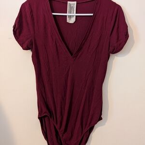 Free People Deep Red V-Neck Bodysuit